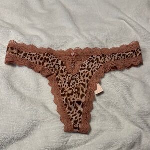 Victoria's Secret Leopard Print Lace Trim Thong - Brown & Tan